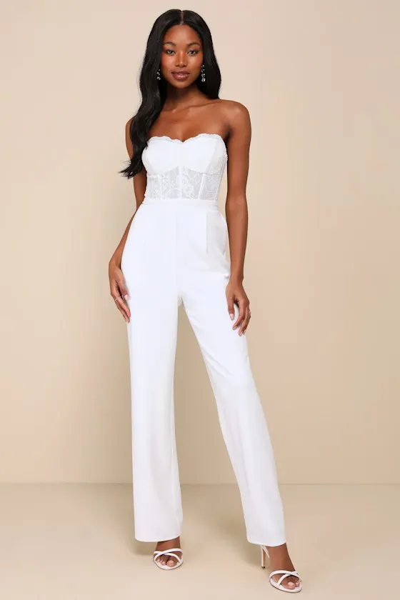 Positively Impressive White Lace Strapless Bustier Jumpsuit sold by Lulus