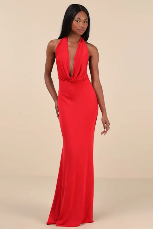 Eye-Catching Silhouette Red Cowl Neck Halter Maxi Dress sold by Lulus