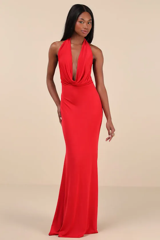 Eye-Catching Silhouette Red Cowl Neck Halter Maxi Dress sold by Lulus