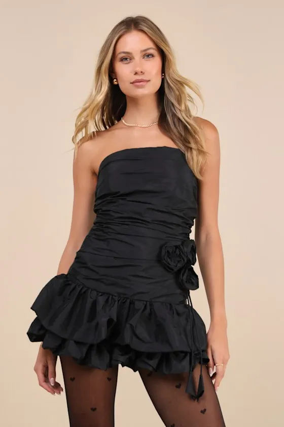Rose Pick Black Strapless Ruched Rosette Mini Dress sold by Lulus product image thumbnail 3
