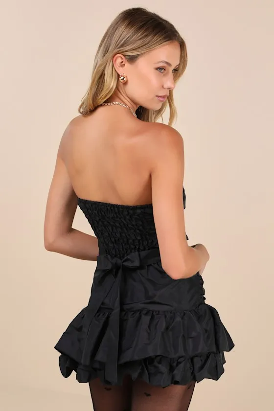 Rose Pick Black Strapless Ruched Rosette Mini Dress sold by Lulus product image thumbnail 4