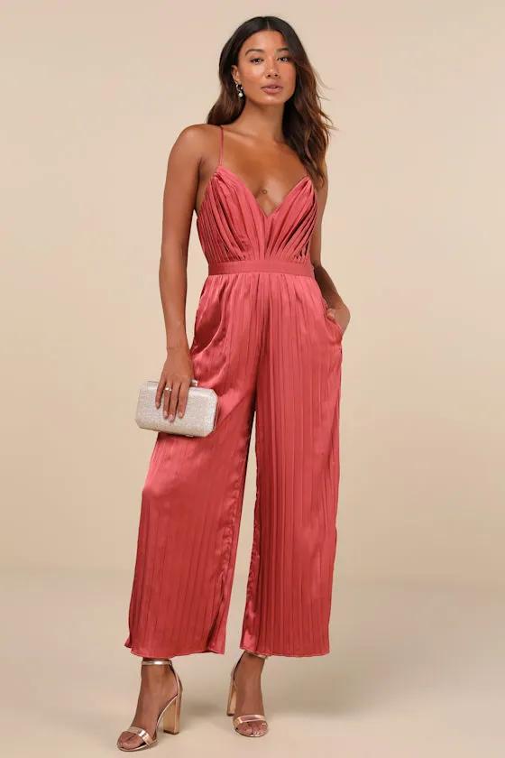 Stellar Poise Rusty Rose Pleated Satin Wide-Leg Jumpsuit sold by Lulus product image thumbnail 2