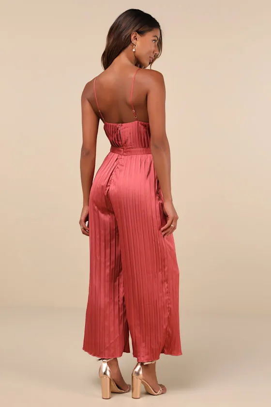 Stellar Poise Rusty Rose Pleated Satin Wide-Leg Jumpsuit sold by Lulus product image thumbnail 3