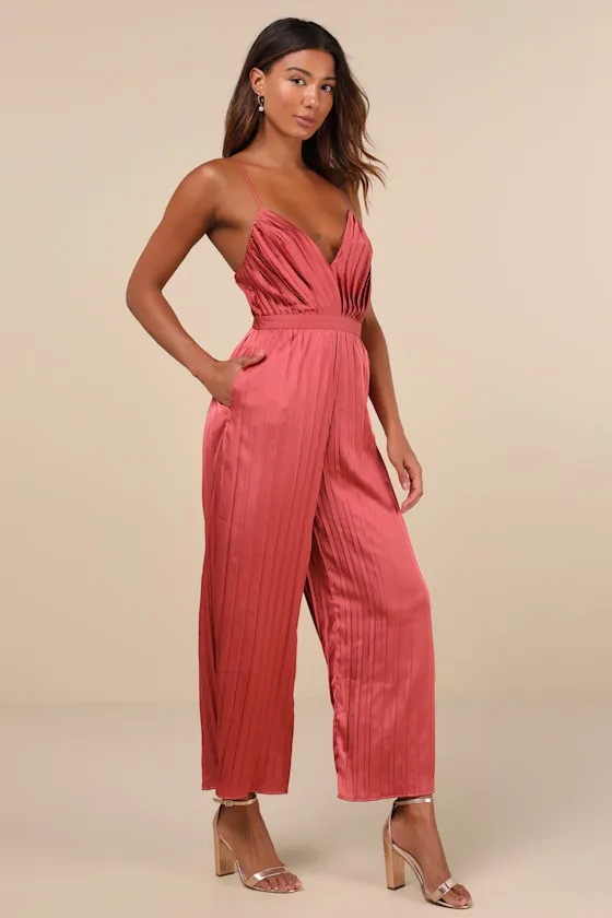 Stellar Poise Rusty Rose Pleated Satin Wide-Leg Jumpsuit sold by Lulus product image thumbnail 4