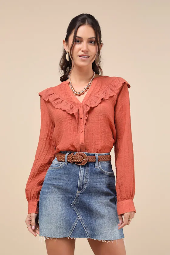 Instantly Sweet Terracotta Eyelet Long Sleeve Button-Up Top sold by Lulus