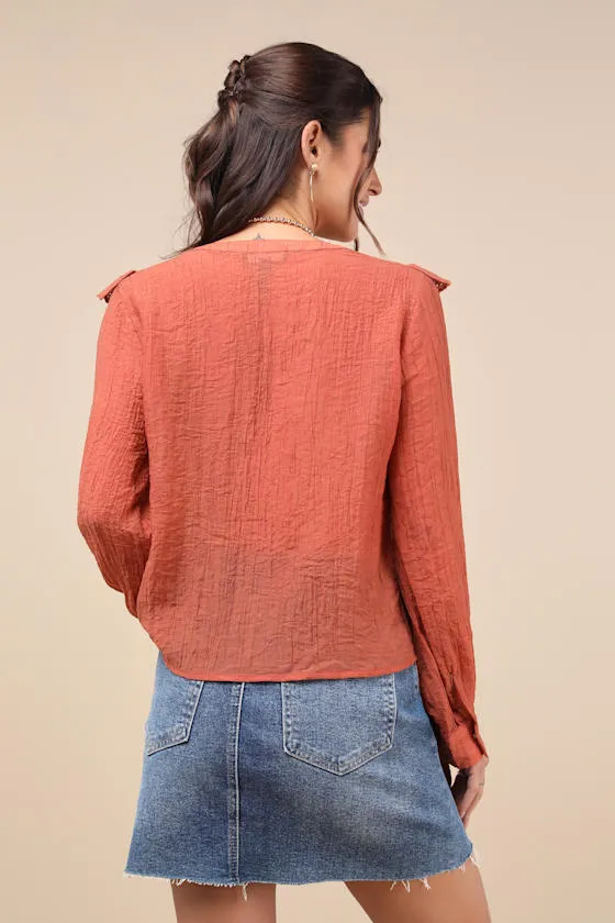 Instantly Sweet Terracotta Eyelet Long Sleeve Button-Up Top sold by Lulus product image thumbnail 2