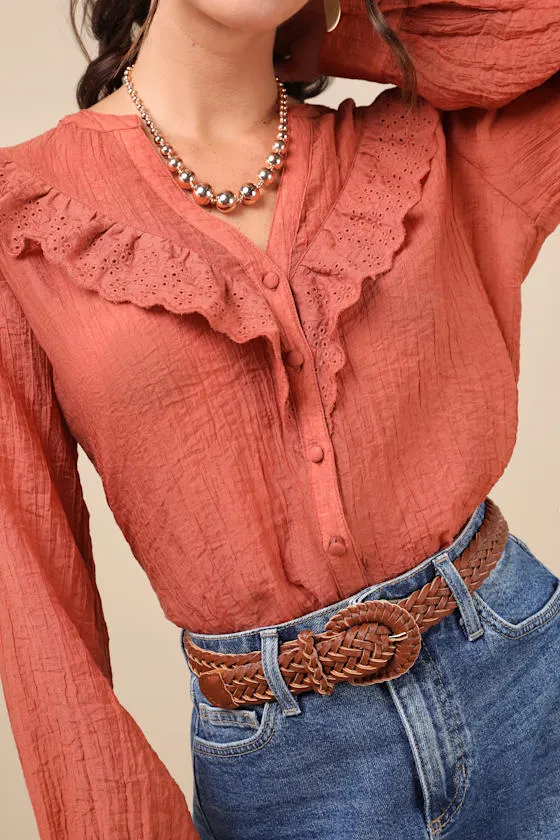 Instantly Sweet Terracotta Eyelet Long Sleeve Button-Up Top sold by Lulus product image thumbnail 4
