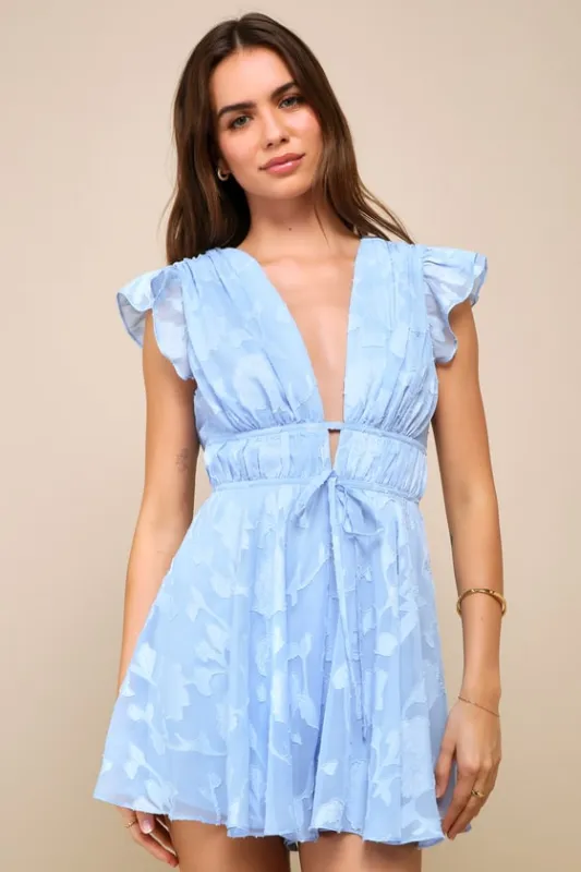 All About The Flowers Light Blue Burnout Floral Ruffled Romper sold by Lulus