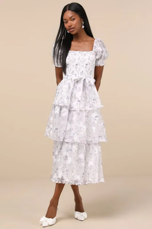 Darling Posture White Floral Tiered Puff Sleeve Midi Dress sold by Lulus