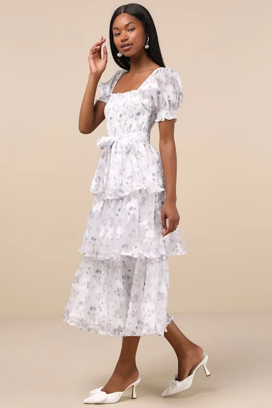 Darling Posture White Floral Tiered Puff Sleeve Midi Dress sold by Lulus product image thumbnail 3