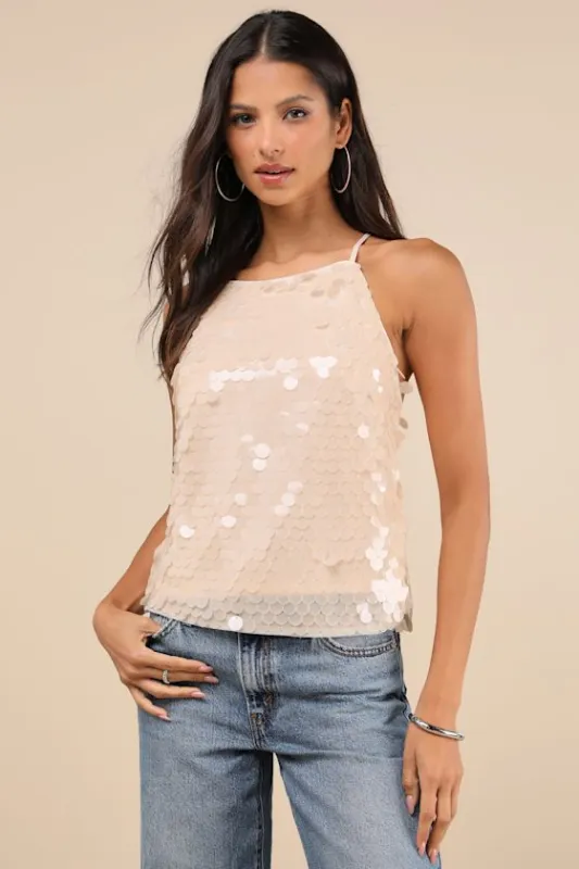 Radiantly Demure Cream Paillette Sequin Backless Tank Top sold by Lulus