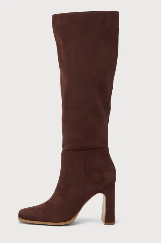 Ceceliaa Dark Brown Suede Square Toe Knee-High Boots sold by Lulus