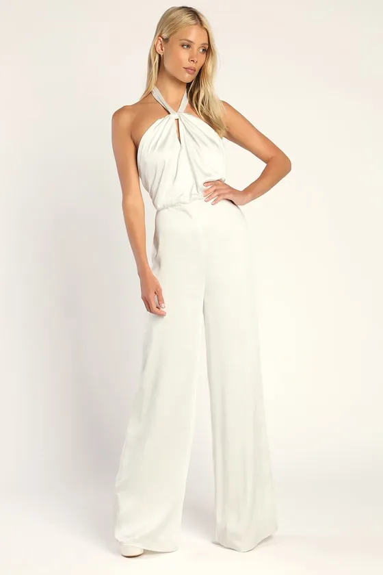Adoring Angel Ivory Satin Wide-Leg Halter Jumpsuit sold by Lulus