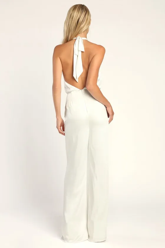 Adoring Angel Ivory Satin Wide-Leg Halter Jumpsuit sold by Lulus product image thumbnail 4