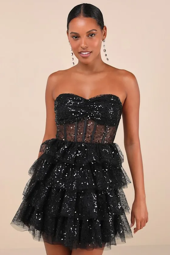 Illustrious Glow Black Sheer Tulle Sequin Tiered Mini Dress sold by Lulus