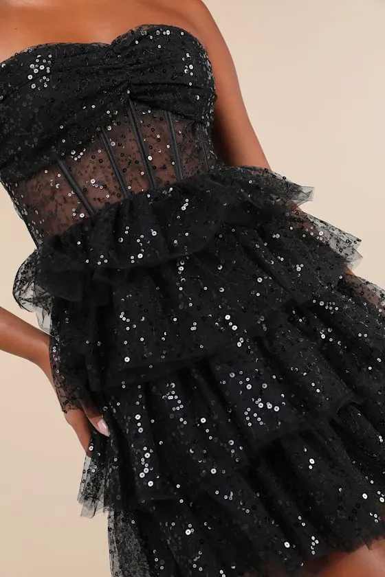 Illustrious Glow Black Sheer Tulle Sequin Tiered Mini Dress sold by Lulus product image thumbnail 4