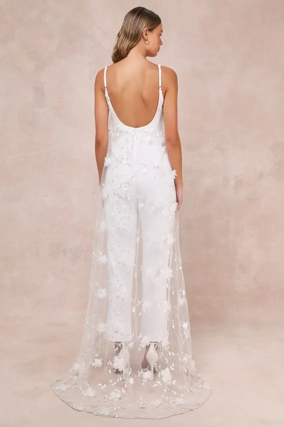 Extreme Elegance White Mesh Floral Embroidered Cape Jumpsuit sold by Lulus product image thumbnail 3