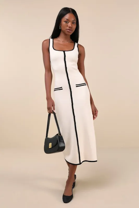Sophisticated Composure Cream Knit Button-Front Midi Dress sold by Lulus