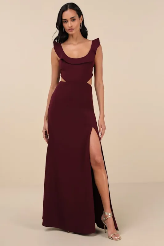 Captivating Charisma Plum Ruffled Cutout Tie-Back Maxi Dress sold by Lulus