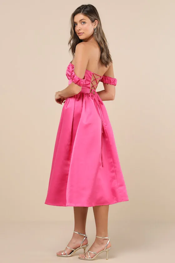 Coquette Essence Pink Satin Off-the-Shoulder Lace-Up Midi Dress sold by Lulus product image thumbnail 2