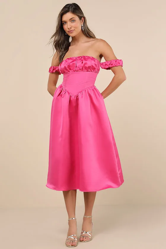 Coquette Essence Pink Satin Off-the-Shoulder Lace-Up Midi Dress sold by Lulus product image thumbnail 3