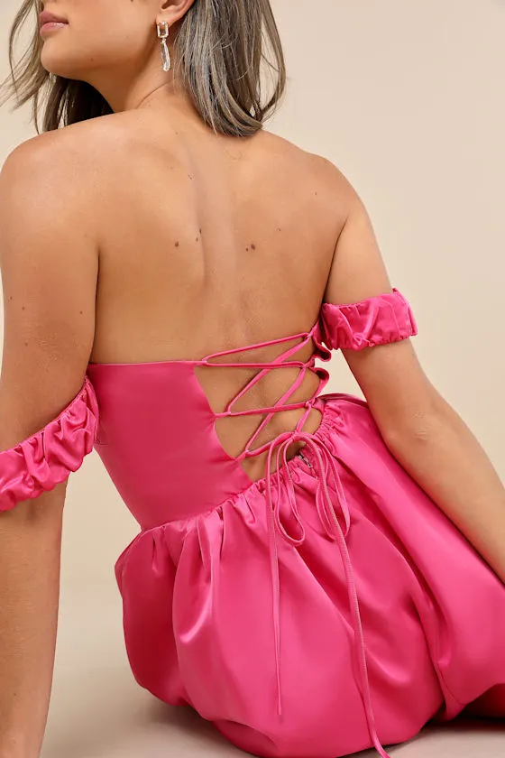 Coquette Essence Pink Satin Off-the-Shoulder Lace-Up Midi Dress sold by Lulus product image thumbnail 4