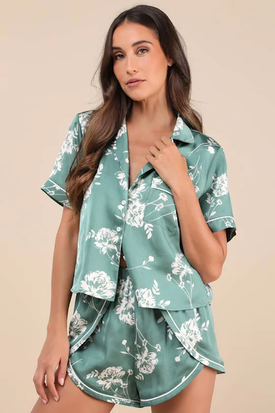 Charming Dreamer Teal Green Floral Satin Two-Piece Pajama Set sold by Lulus product image thumbnail 2