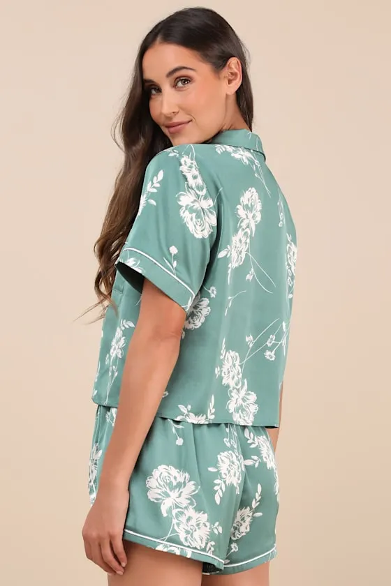 Charming Dreamer Teal Green Floral Satin Two-Piece Pajama Set sold by Lulus product image thumbnail 4