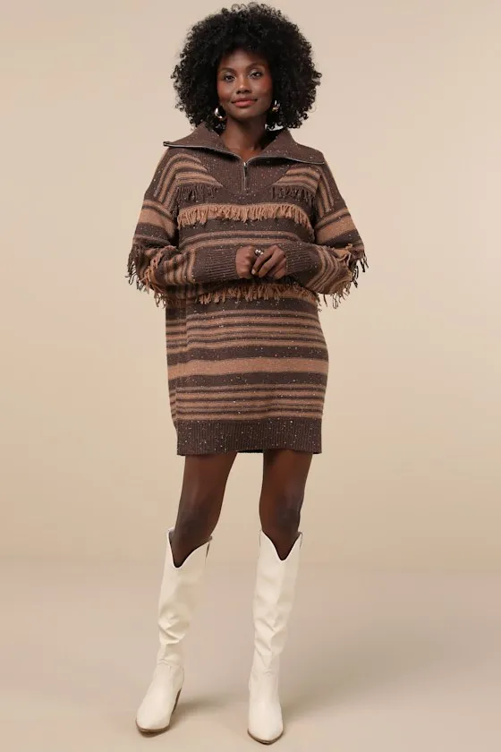Ultimate Coziness Brown Striped Quarter-Zip Sweater Mini Dress sold by Lulus