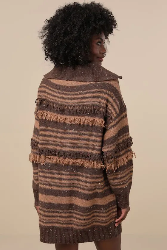 Ultimate Coziness Brown Striped Quarter-Zip Sweater Mini Dress sold by Lulus product image thumbnail 3