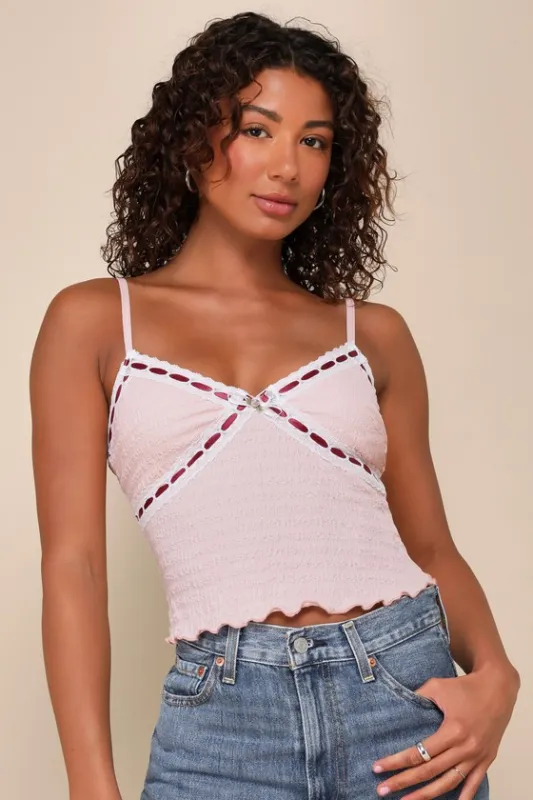 Irresistible Flirt Pink Ribbon Lace Cropped Cami Top sold by Lulus
