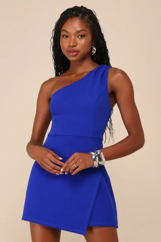 Enticing Cutie Royal Blue One-Shoulder Sleeveless Skort Romper sold by Lulus