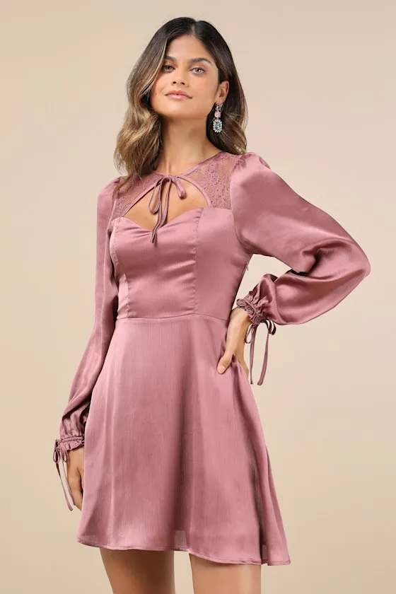 Consistent Beauty Mauve Pink Lace Cutout Long Sleeve Mini Dress sold by Lulus