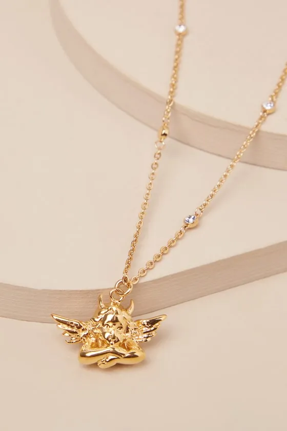 Box of Rain Gold Rhinestone Cherub Pendant Necklace sold by Lulus product image thumbnail 3