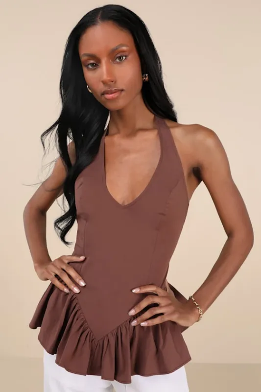 Casually Exquisite Brown Ruffled Halter Peplum Top sold by Lulus