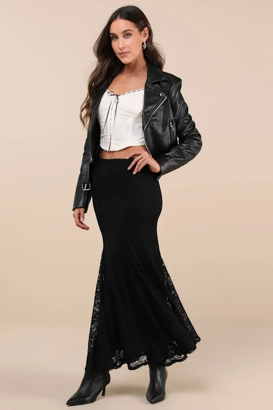 Passionate Statement Black Floral Lace Mermaid Midi Skirt sold by Lulus