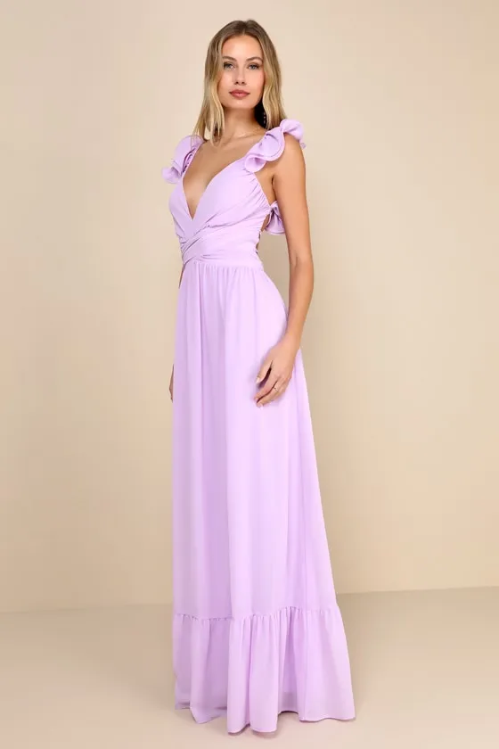 Soiree Celebration Lilac Ruffled Lace-Up Maxi Dress sold by Lulus