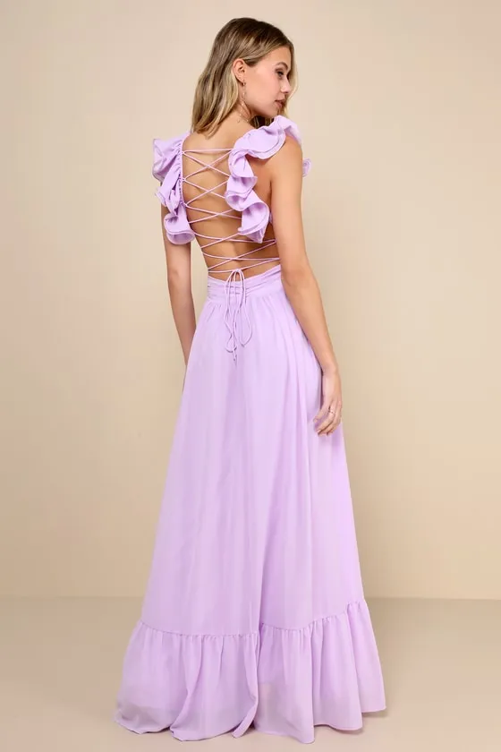 Soiree Celebration Lilac Ruffled Lace-Up Maxi Dress sold by Lulus product image thumbnail 2