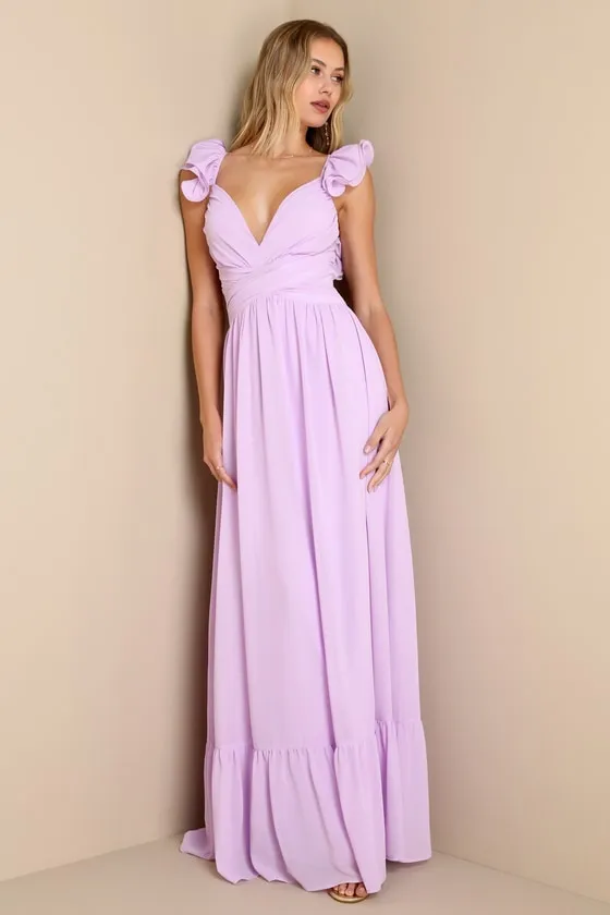 Soiree Celebration Lilac Ruffled Lace-Up Maxi Dress sold by Lulus product image thumbnail 3