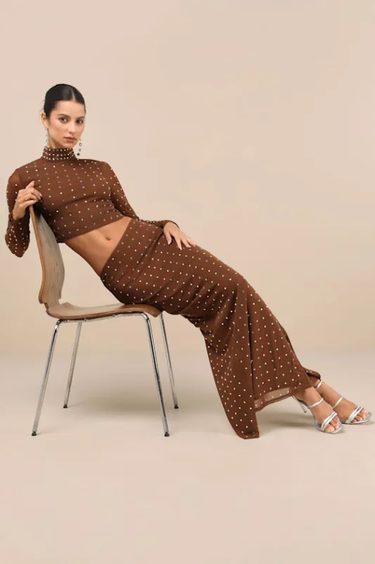 Incomparable Shine Brown Mesh Rhinestone Two-Piece Maxi Dress made by Lulus