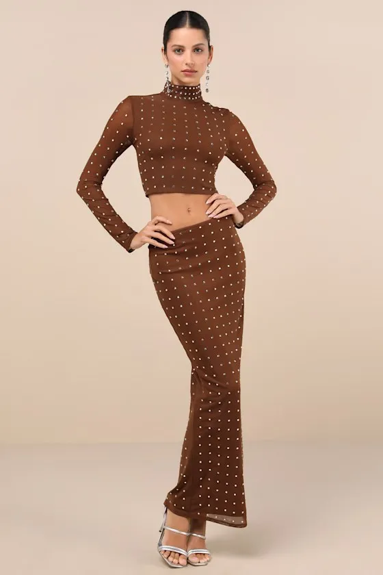 Incomparable Shine Brown Mesh Rhinestone Two-Piece Maxi Dress sold by Lulus product image thumbnail 2