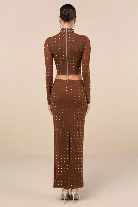 Incomparable Shine Brown Mesh Rhinestone Two-Piece Maxi Dress sold by Lulus product image thumbnail 3