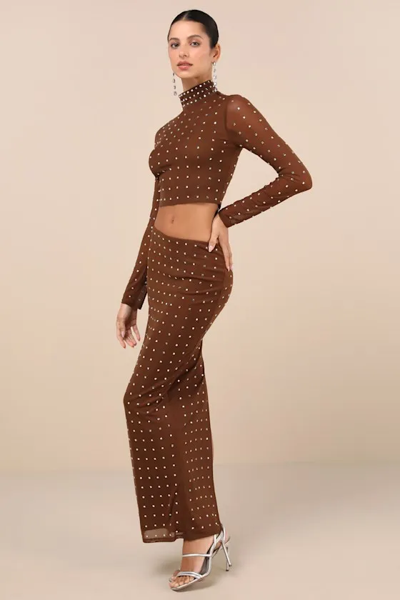 Incomparable Shine Brown Mesh Rhinestone Two-Piece Maxi Dress sold by Lulus product image thumbnail 4