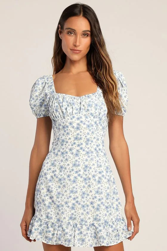 Botanical Blooms White Floral Puff Sleeve Lace-Up Mini Dress sold by Lulus
