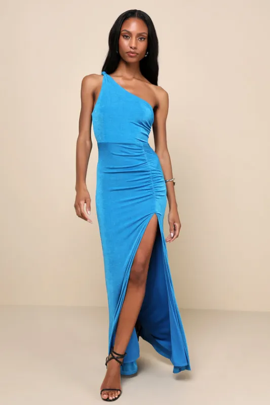 Especially Breathtaking Blue Ruched One-Shoulder Maxi Dress sold by Lulus