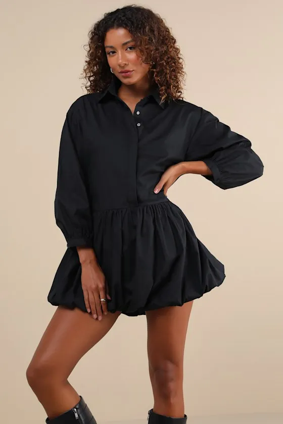 Sophisticated Delight Black Collared Bubble-Hem Mini Dress sold by Lulus