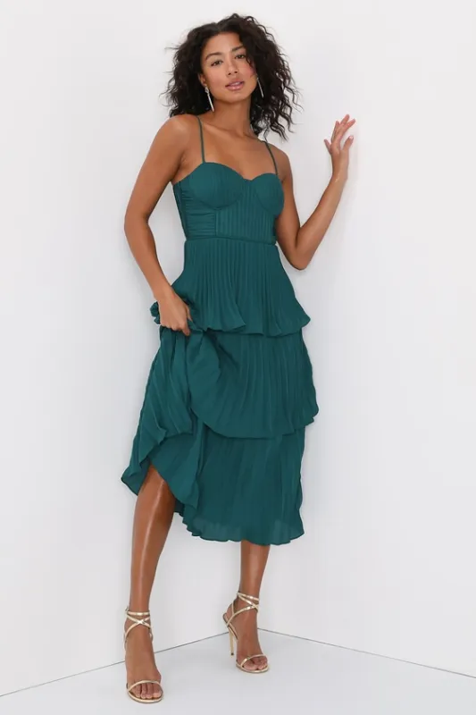Cascading Crush Emerald Tiered Bustier Midi Dress sold by Lulus