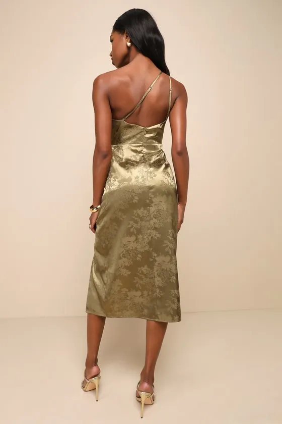 Desirable Dream Olive Satin Jacquard Halter Neck Midi Dress sold by Lulus product image thumbnail 2