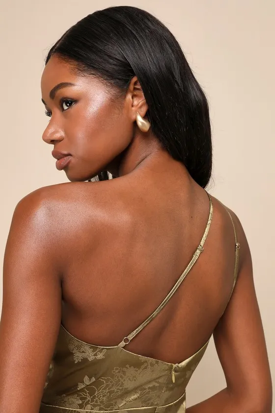 Desirable Dream Olive Satin Jacquard Halter Neck Midi Dress sold by Lulus product image thumbnail 3
