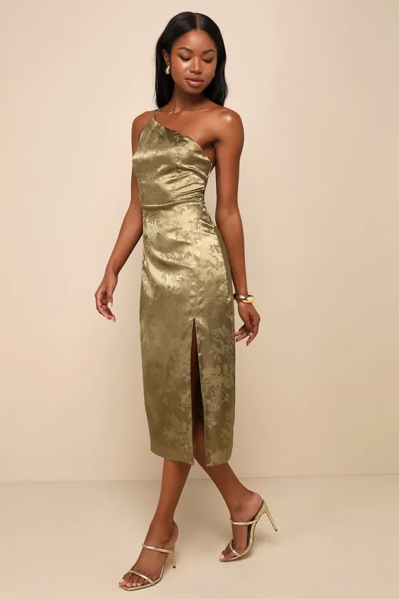 Desirable Dream Olive Satin Jacquard Halter Neck Midi Dress sold by Lulus product image thumbnail 4